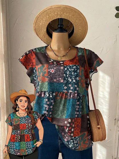 EMERY ROSE Women's Plus Size Burgundy Ditsy Floral Casual Shirt,Summer Boho Picnic Vacation Outfits,Western Country Concert Style,Business Formal Clothing