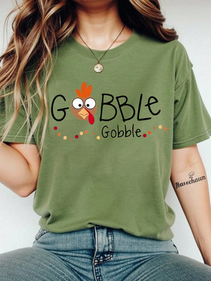 EMERY ROSE Women's Plus Size Thanksgiving Graphic T-Shirt,Happy Thanksgiving Print With Pumpkins,Casual Short Sleeve Round Neck Green,Summer,Cute,Vacation Tee