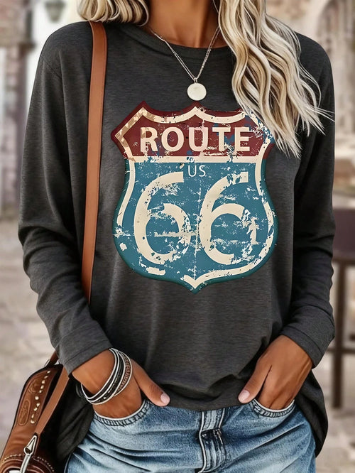 EMERY ROSE Women's Retro Route 66 Pattern T-Shirt, Women's Casual Long Sleeve T-Shirt With Slogan Print, Spring/Summer, Machine Washable