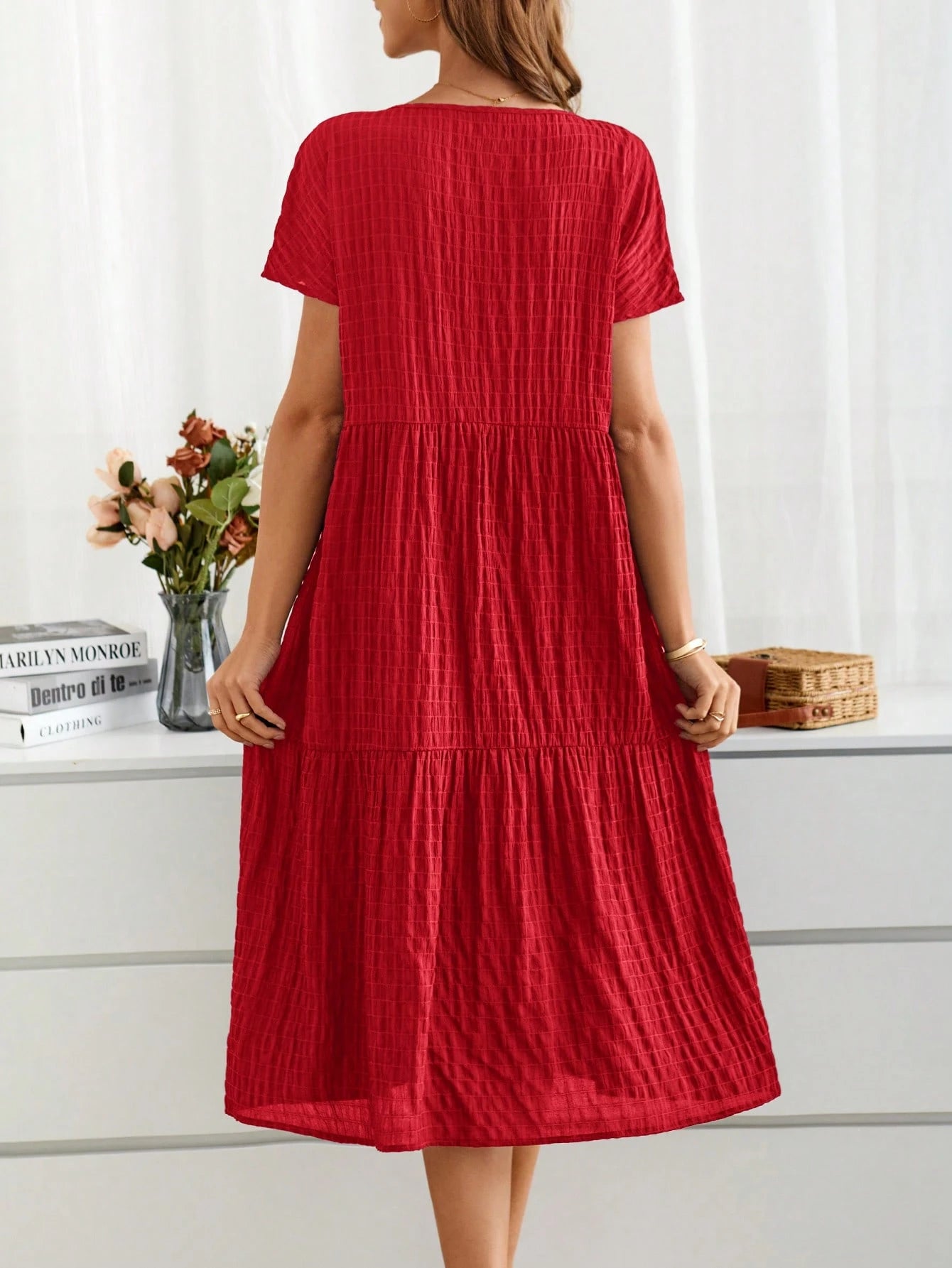 EMERY ROSE Women's Short Sleeve V-Neck Summer Countryside Vacation Dress
