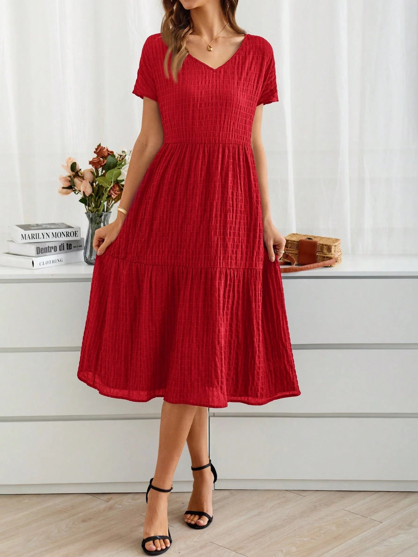 EMERY ROSE Women's Short Sleeve V-Neck Summer Countryside Vacation Dress