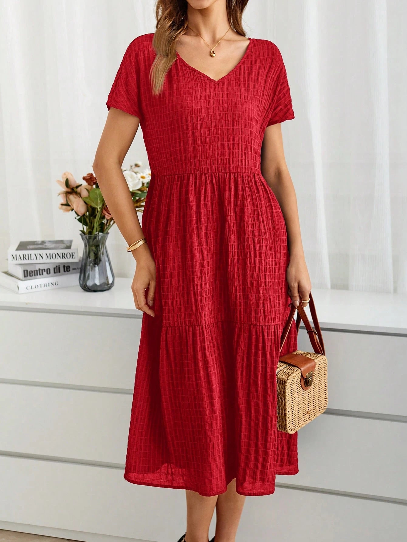 EMERY ROSE Women's Short Sleeve V-Neck Summer Countryside Vacation Dress