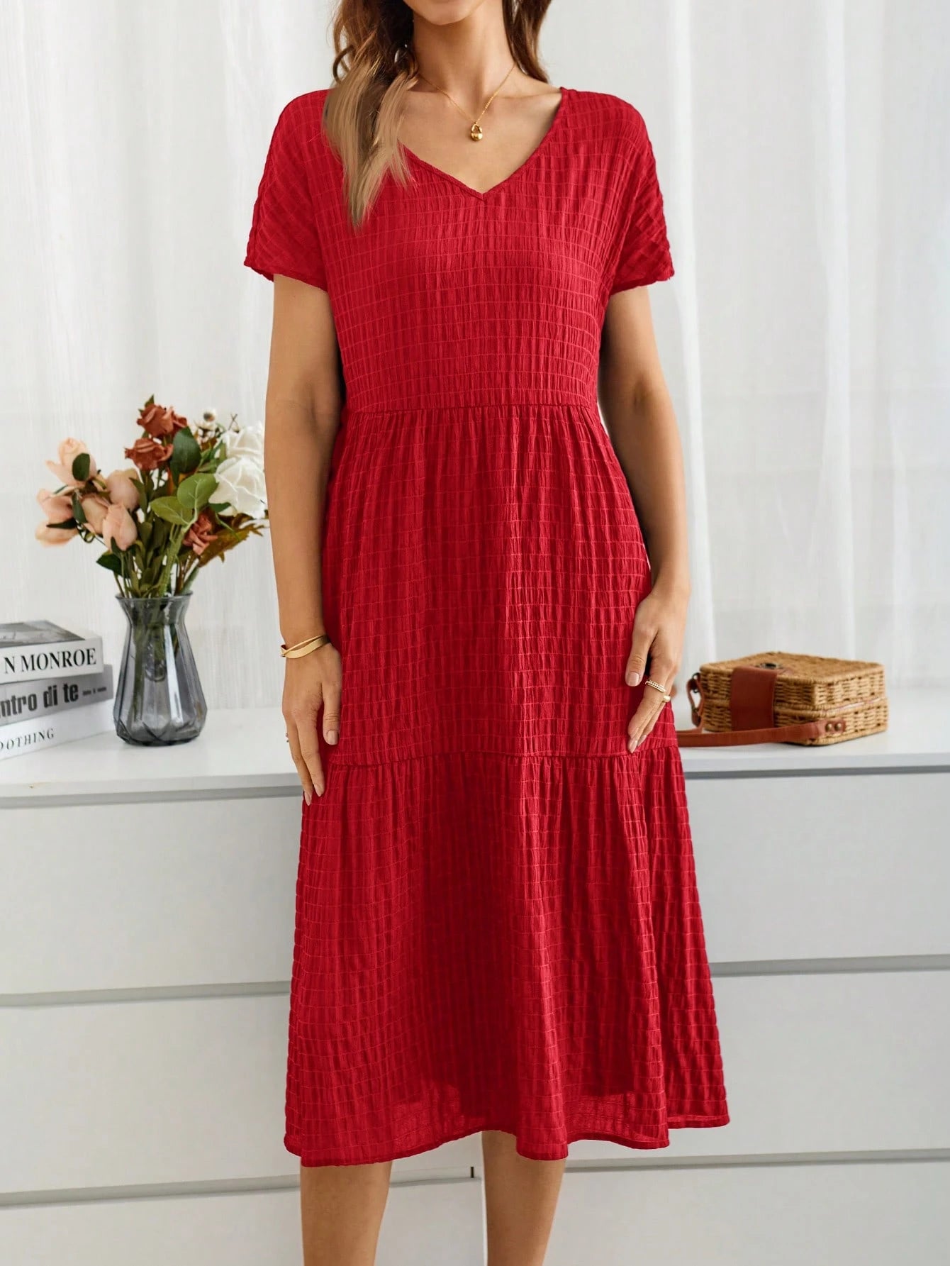 EMERY ROSE Women's Short Sleeve V-Neck Summer Countryside Vacation Dress
