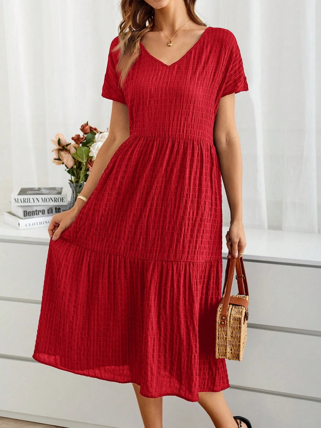 EMERY ROSE Women's Short Sleeve V-Neck Summer Countryside Vacation Dress