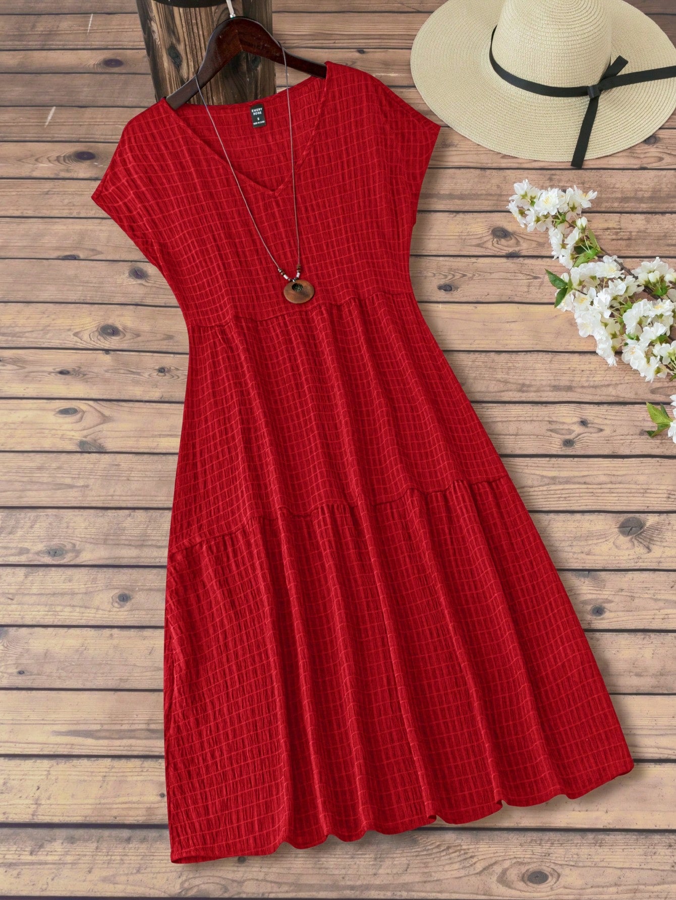 EMERY ROSE Women's Short Sleeve V-Neck Summer Countryside Vacation Dress