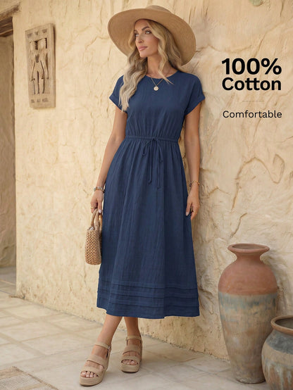 EMERY ROSE Women's Solid Color Round Neck Cap Sleeve Drawstring Waist Casual Dress, Summer,Shirt Dresses For Women Business Casual Woman