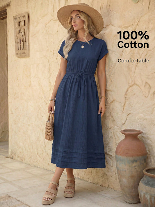 EMERY ROSE Women's Solid Color Round Neck Cap Sleeve Drawstring Waist Casual Dress, Summer,Shirt Dresses For Women Business Casual Woman