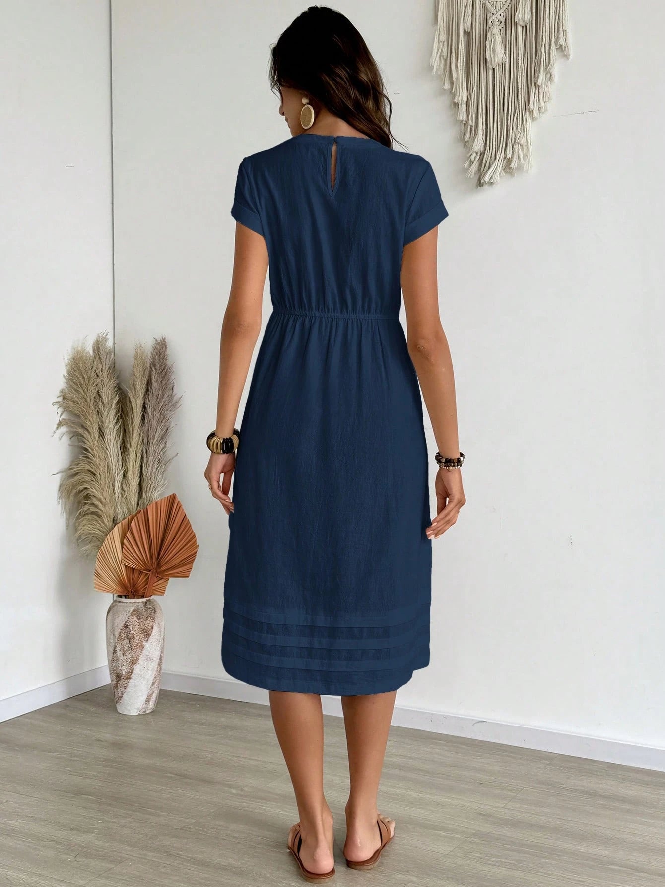EMERY ROSE Women's Solid Color Round Neck Cap Sleeve Drawstring Waist Casual Dress, Summer,Shirt Dresses For Women Business Casual Woman