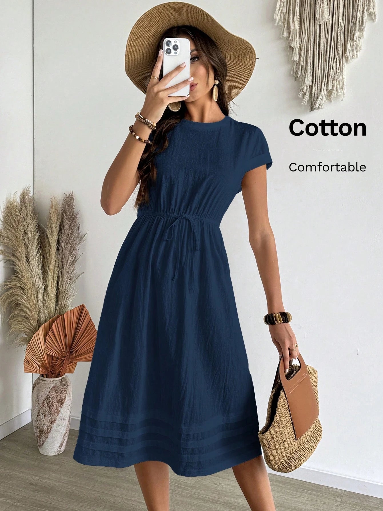 EMERY ROSE Women's Solid Color Round Neck Cap Sleeve Drawstring Waist Casual Dress, Summer,Shirt Dresses For Women Business Casual Woman