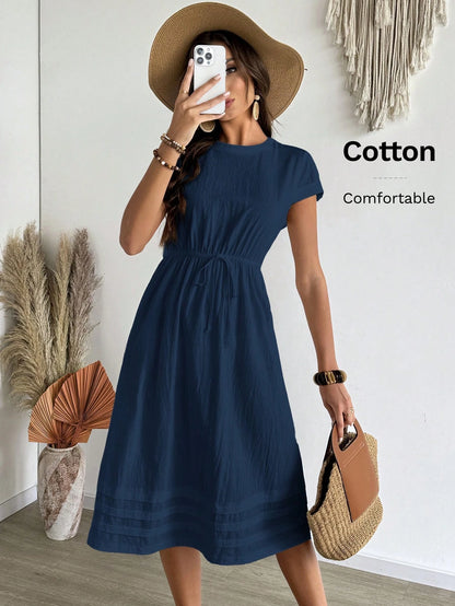 EMERY ROSE Women's Solid Color Round Neck Cap Sleeve Drawstring Waist Casual Dress, Summer,Shirt Dresses For Women Business Casual Woman