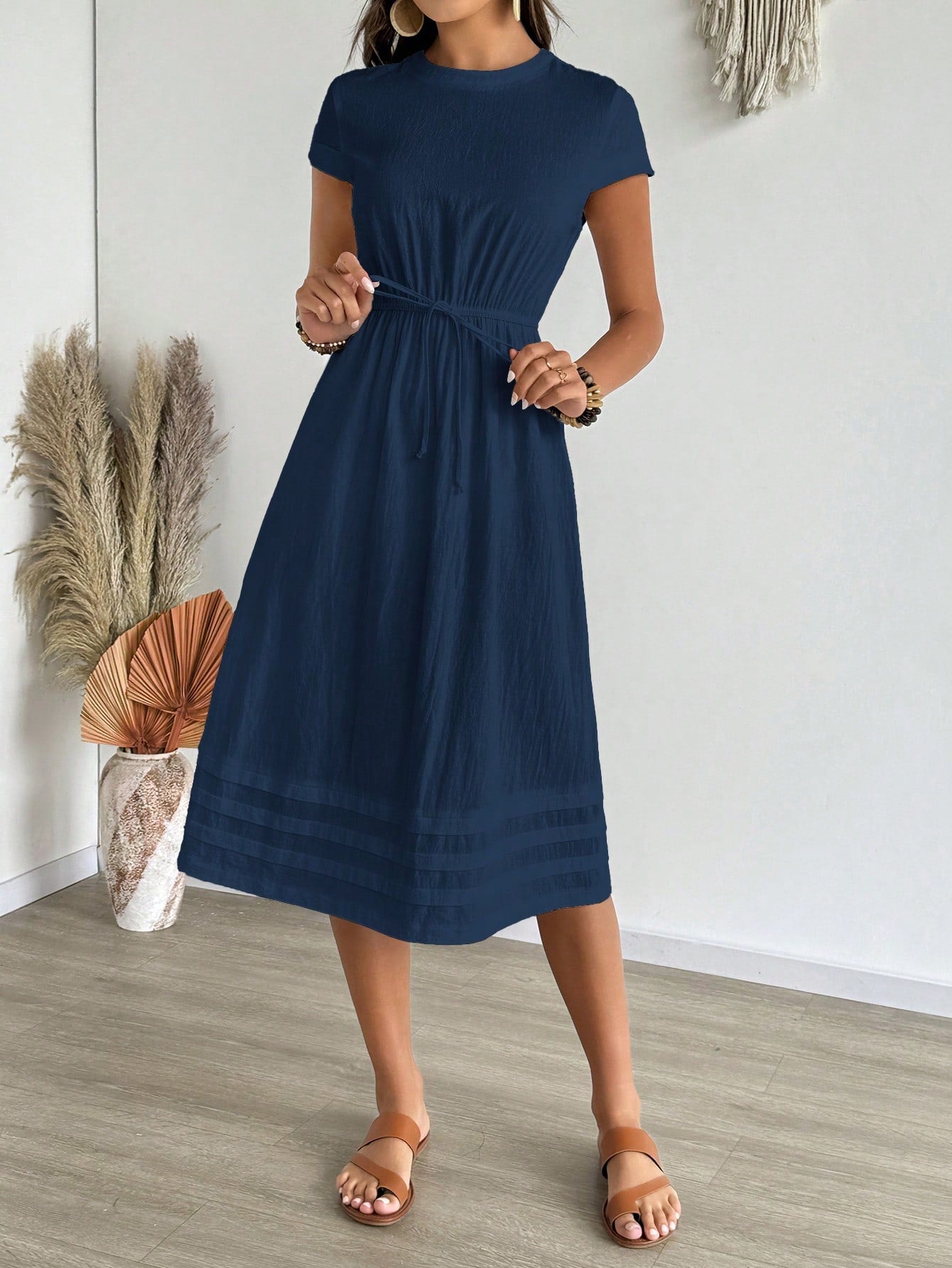 EMERY ROSE Women's Solid Color Round Neck Cap Sleeve Drawstring Waist Casual Dress, Summer,Shirt Dresses For Women Business Casual Woman