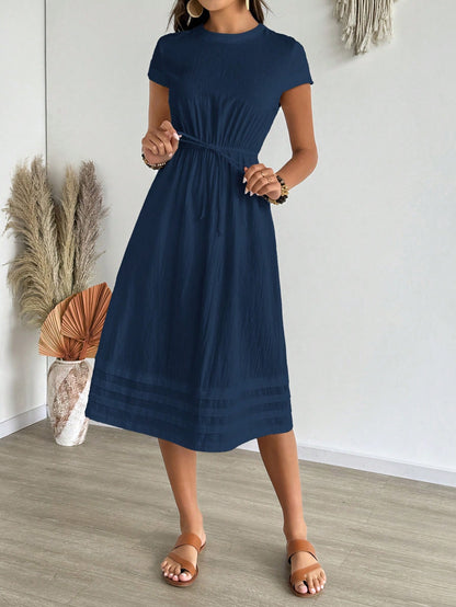EMERY ROSE Women's Solid Color Round Neck Cap Sleeve Drawstring Waist Casual Dress, Summer,Shirt Dresses For Women Business Casual Woman