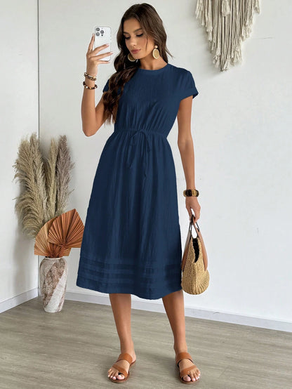 EMERY ROSE Women's Solid Color Round Neck Cap Sleeve Drawstring Waist Casual Dress, Summer,Shirt Dresses For Women Business Casual Woman