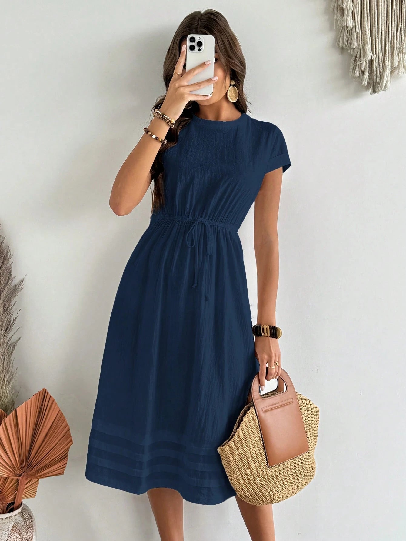EMERY ROSE Women's Solid Color Round Neck Cap Sleeve Drawstring Waist Casual Dress, Summer,Shirt Dresses For Women Business Casual Woman