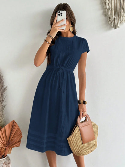 EMERY ROSE Women's Solid Color Round Neck Cap Sleeve Drawstring Waist Casual Dress, Summer,Shirt Dresses For Women Business Casual Woman