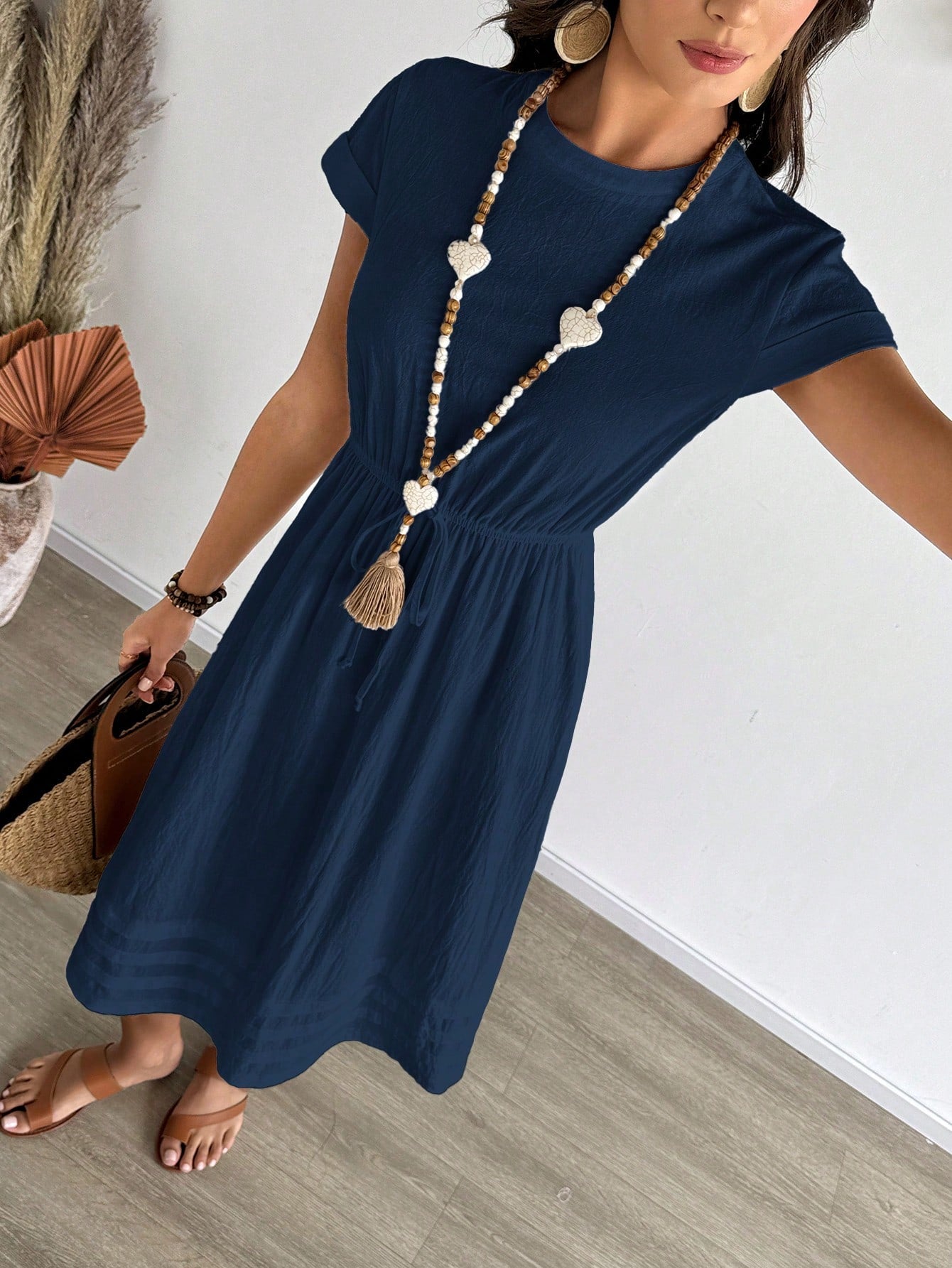 EMERY ROSE Women's Solid Color Round Neck Cap Sleeve Drawstring Waist Casual Dress, Summer,Shirt Dresses For Women Business Casual Woman