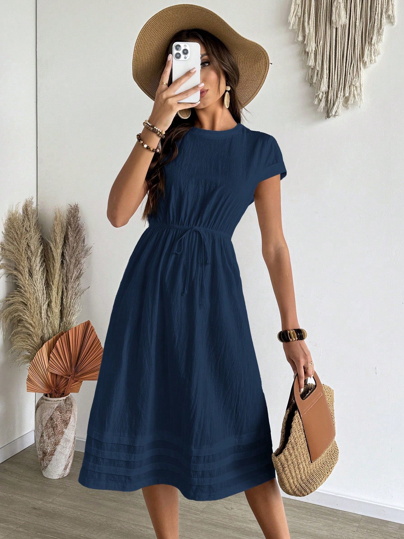 EMERY ROSE Women's Solid Color Round Neck Cap Sleeve Drawstring Waist Casual Dress, Summer,Shirt Dresses For Women Business Casual Woman