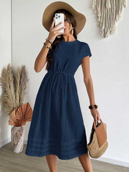 EMERY ROSE Women's Solid Color Round Neck Cap Sleeve Drawstring Waist Casual Dress, Summer,Shirt Dresses For Women Business Casual Woman