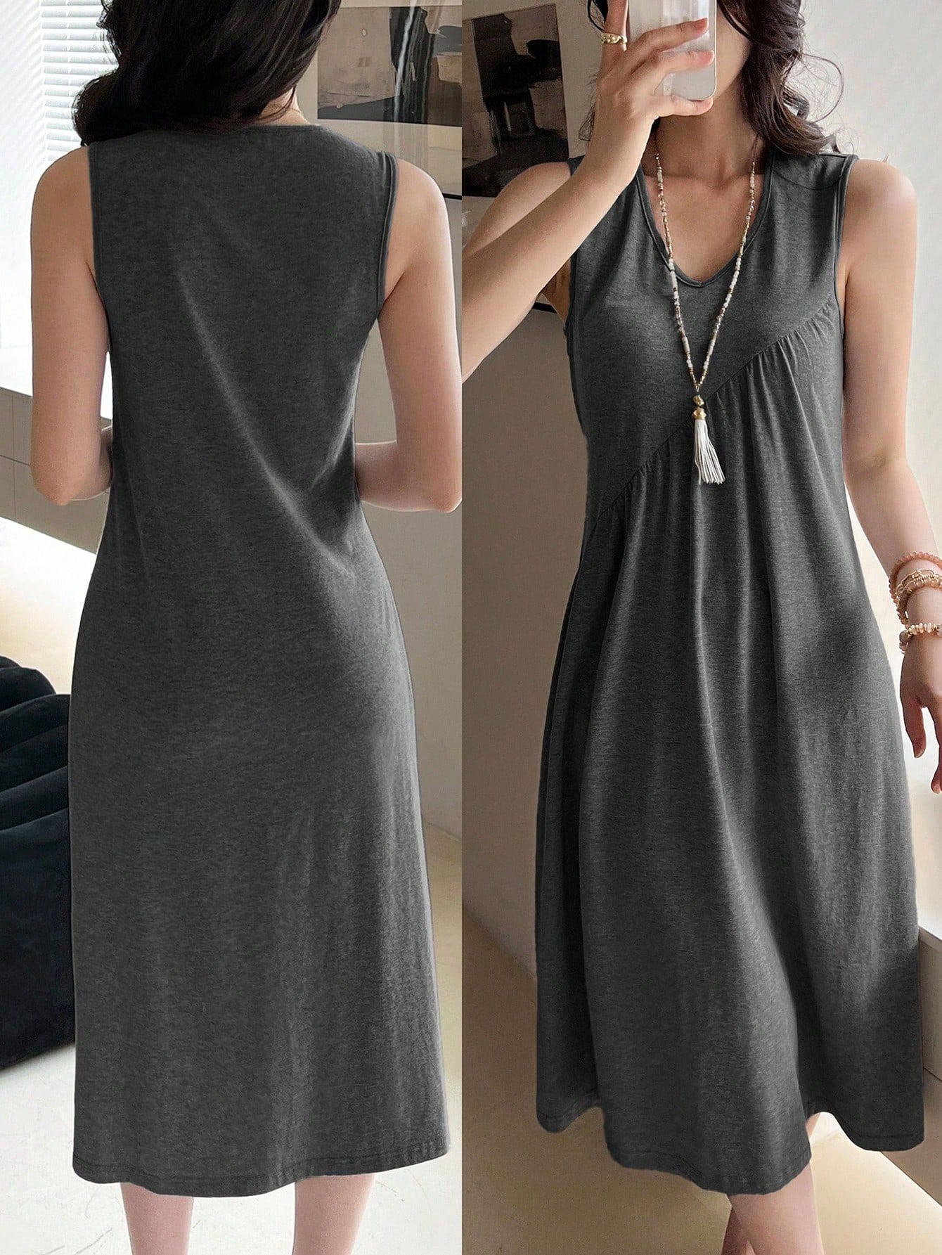 EMERY ROSE Women's Solid Color V-Neck Pleated Casual Midi Dress, Suitable For Daily Wear, Dates And Outings,Summer Women Cotton Comfy Long Basic Gray Dresses