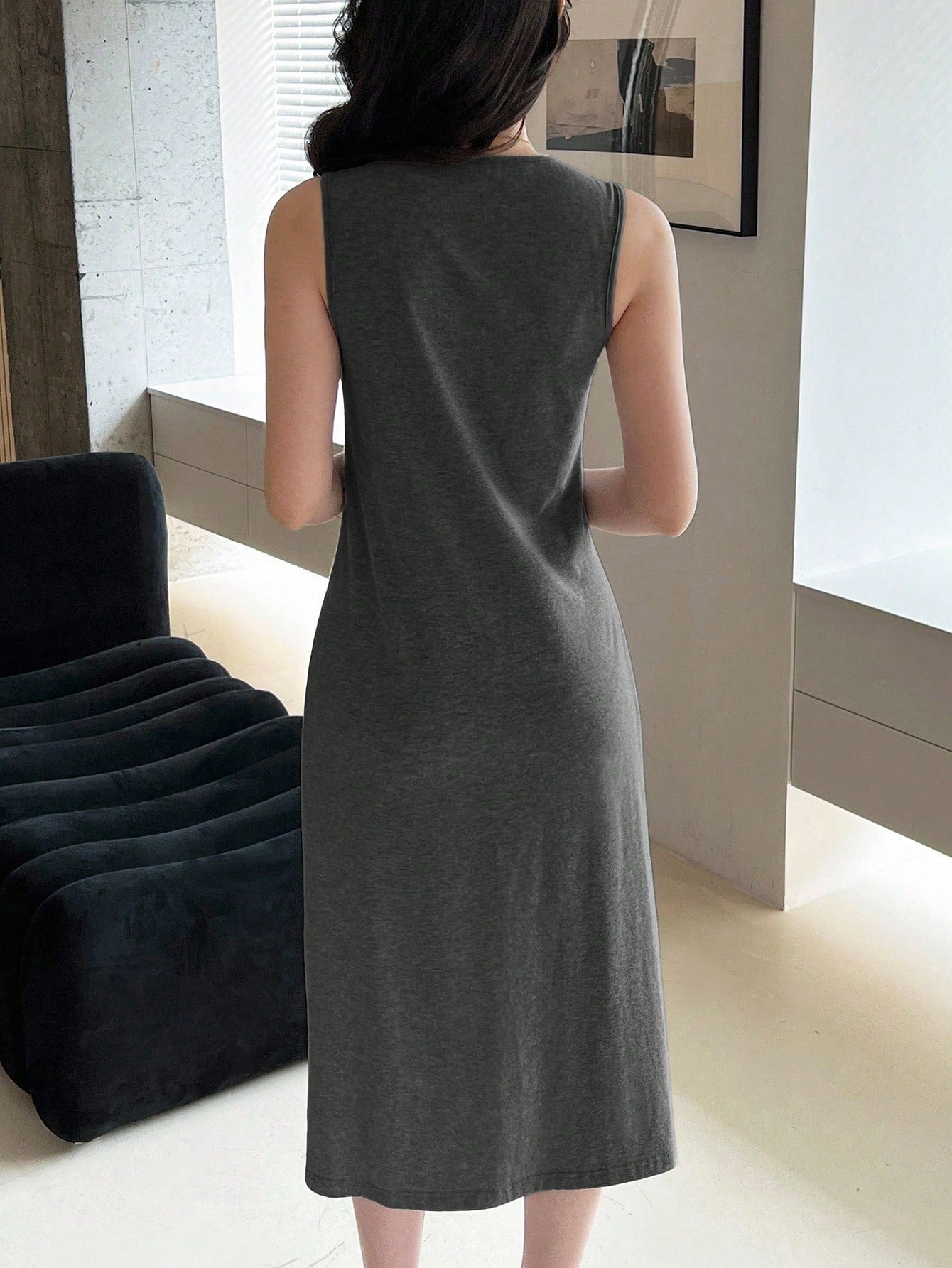 EMERY ROSE Women's Solid Color V-Neck Pleated Casual Midi Dress, Suitable For Daily Wear, Dates And Outings,Summer Women Cotton Comfy Long Basic Gray Dresses