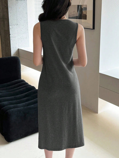 EMERY ROSE Women's Solid Color V-Neck Pleated Casual Midi Dress, Suitable For Daily Wear, Dates And Outings,Summer Women Cotton Comfy Long Basic Gray Dresses