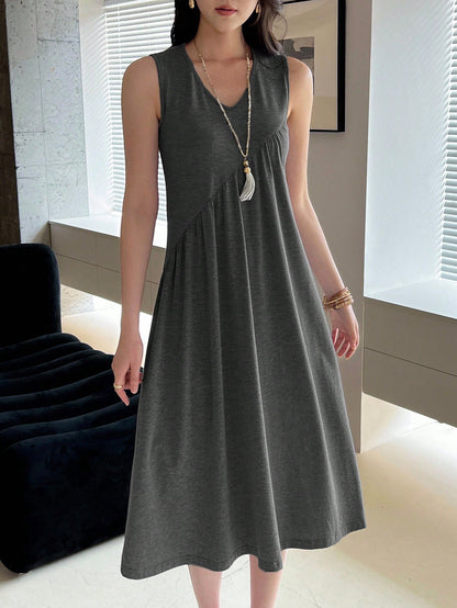 EMERY ROSE Women's Solid Color V-Neck Pleated Casual Midi Dress, Suitable For Daily Wear, Dates And Outings,Summer Women Cotton Comfy Long Basic Gray Dresses