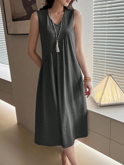 EMERY ROSE Women's Solid Color V-Neck Pleated Casual Midi Dress, Suitable For Daily Wear, Dates And Outings,Summer Women Cotton Comfy Long Basic Gray Dresses