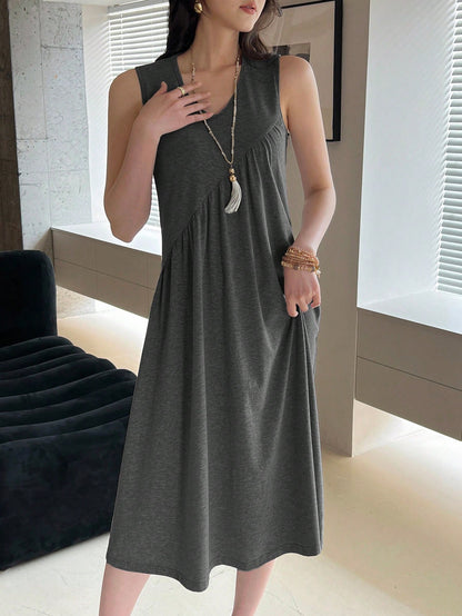 EMERY ROSE Women's Solid Color V-Neck Pleated Casual Midi Dress, Suitable For Daily Wear, Dates And Outings,Summer Women Cotton Comfy Long Basic Gray Dresses