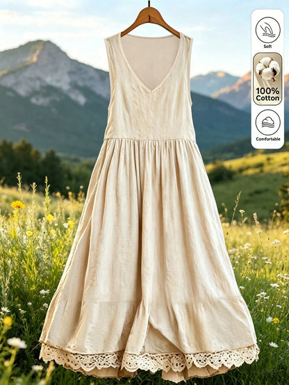 EMERY ROSE Women's Solid Color V-Neck Sleeveless Midi Casual Dress, Summer