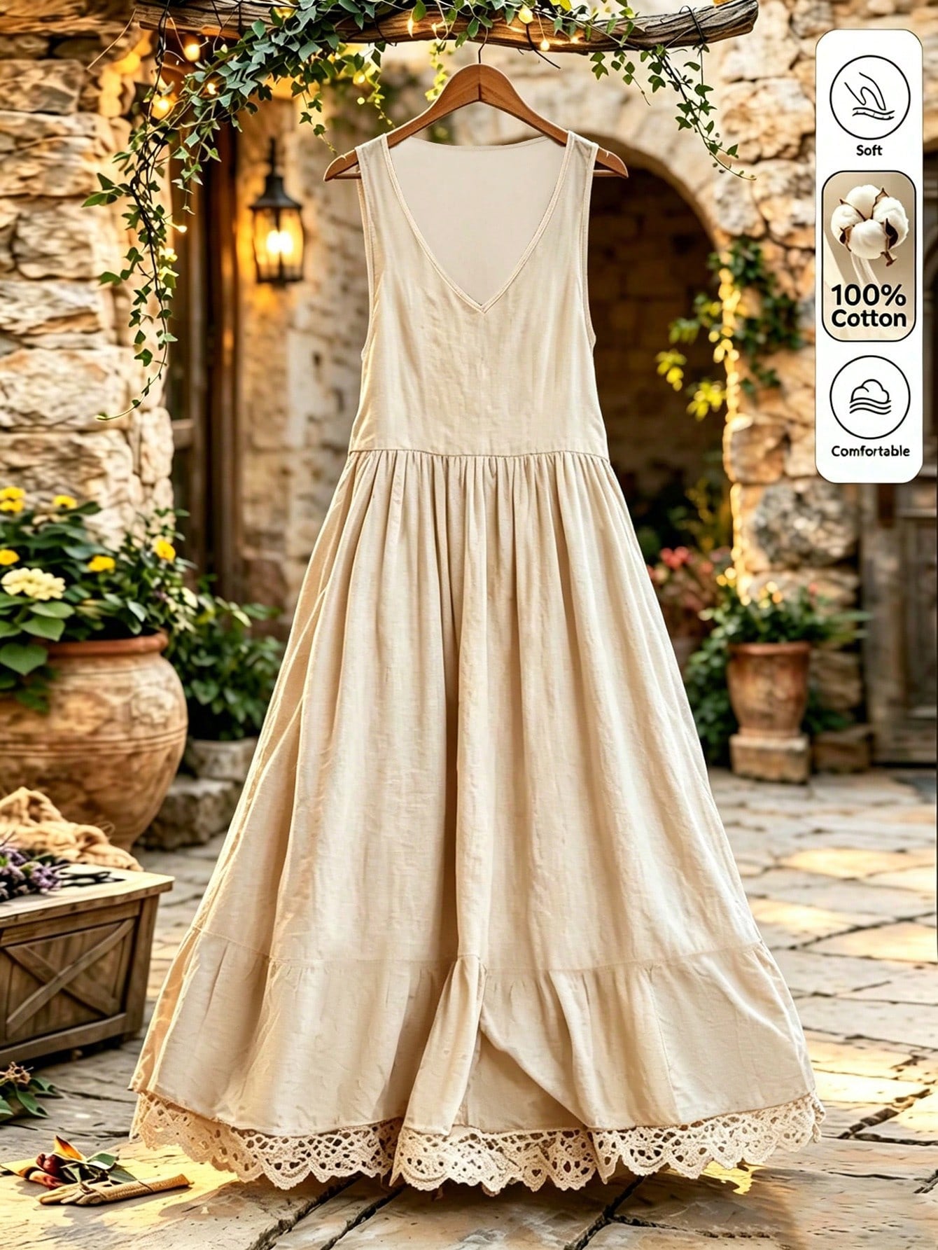 EMERY ROSE Women's Solid Color V-Neck Sleeveless Midi Casual Dress, Summer