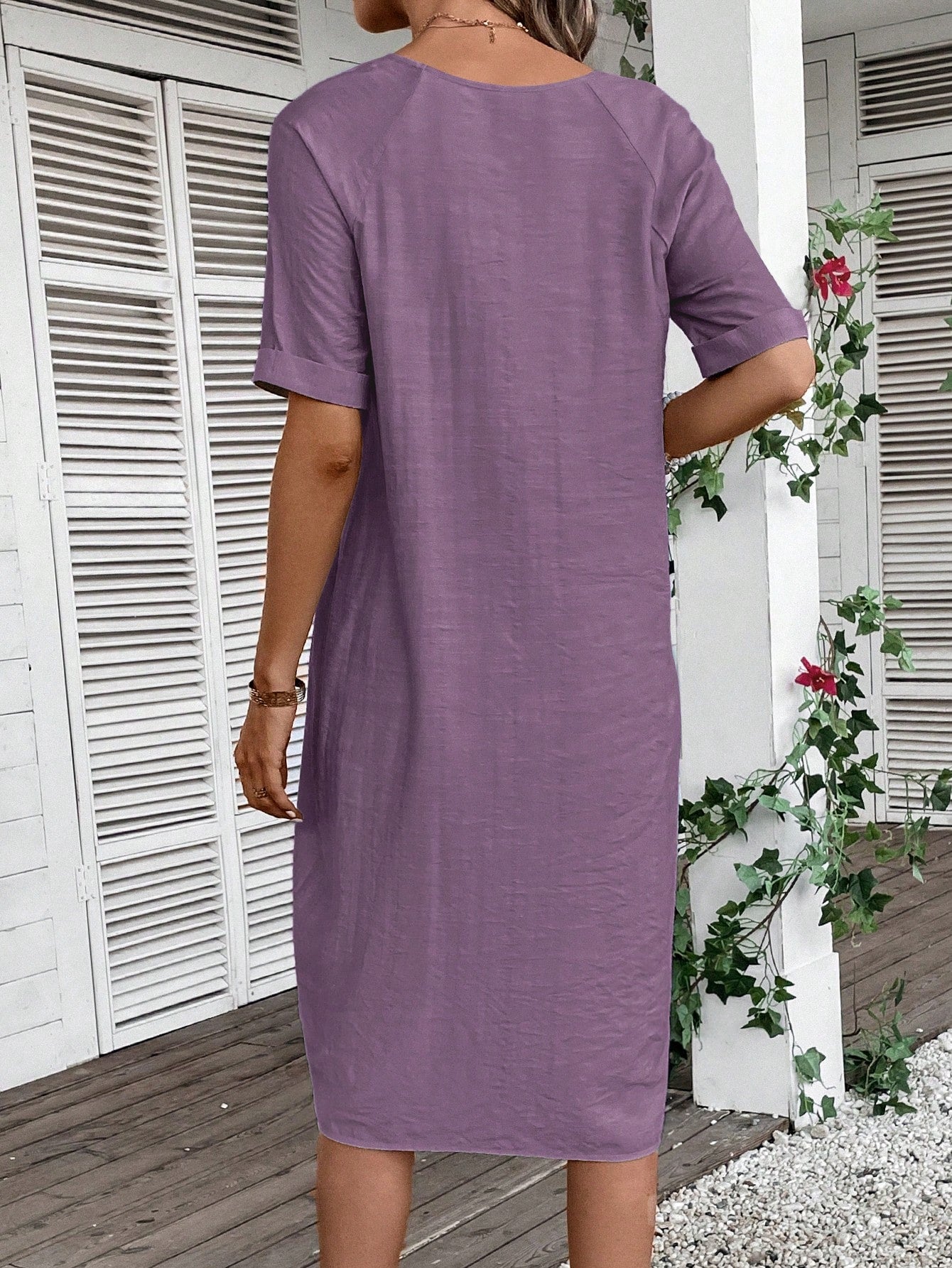 EMERY ROSE Women's V-Neck Button Decoration Pocket Front Dress,Lavender Dress