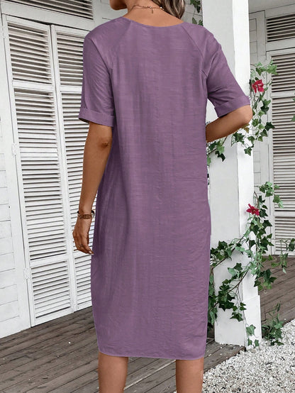 EMERY ROSE Women's V-Neck Button Decoration Pocket Front Dress,Lavender Dress