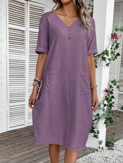 EMERY ROSE Women's V-Neck Button Decoration Pocket Front Dress,Lavender Dress