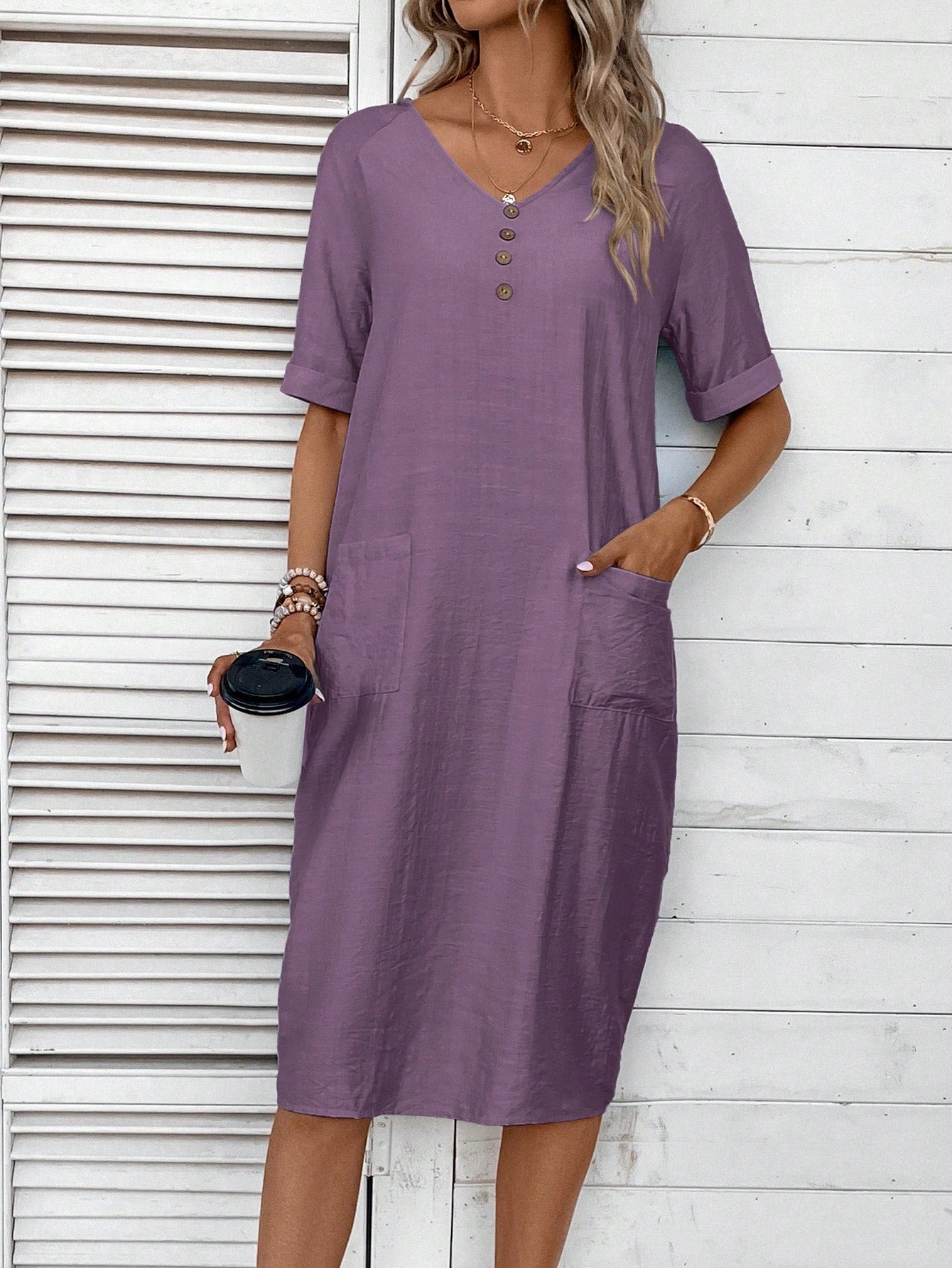 EMERY ROSE Women's V-Neck Button Decoration Pocket Front Dress,Lavender Dress