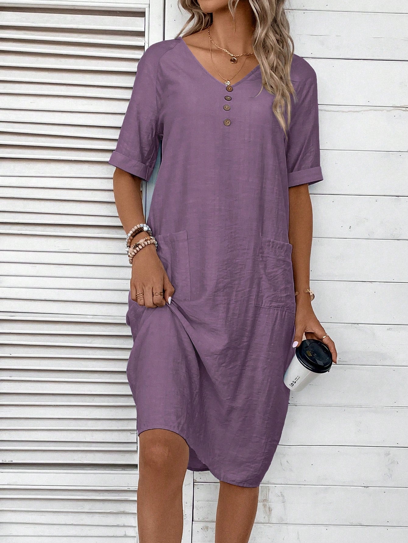 EMERY ROSE Women's V-Neck Button Decoration Pocket Front Dress,Lavender Dress
