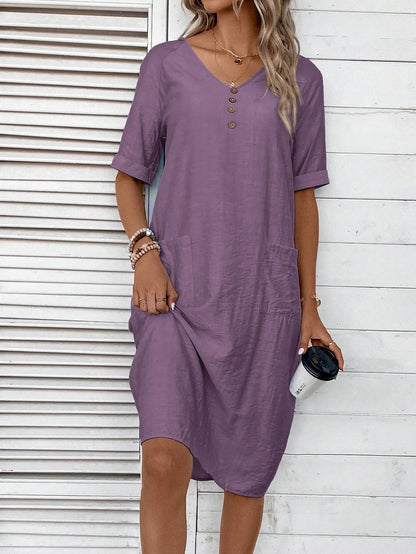 EMERY ROSE Women's V-Neck Button Decoration Pocket Front Dress,Lavender Dress