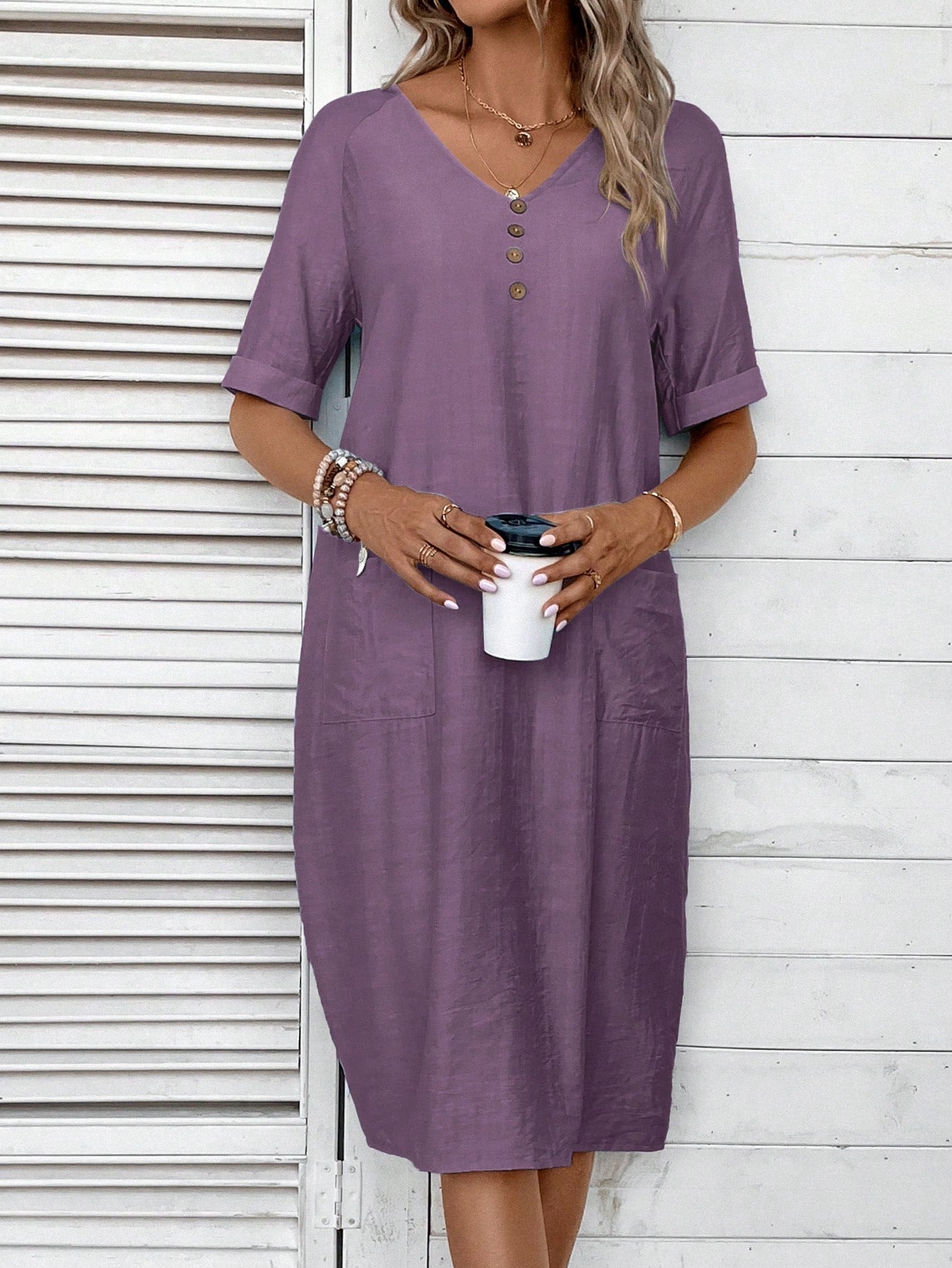 EMERY ROSE Women's V-Neck Button Decoration Pocket Front Dress,Lavender Dress