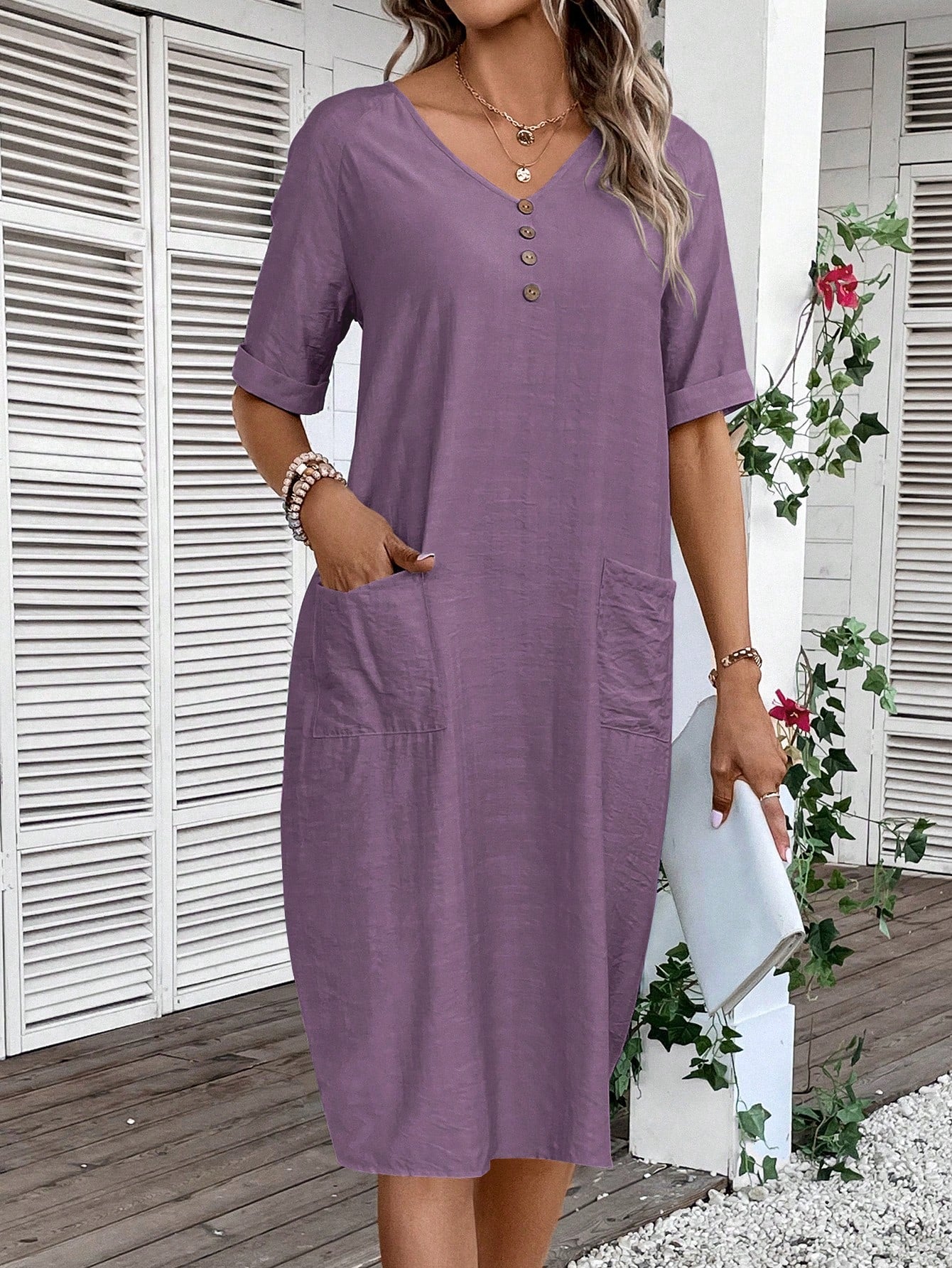 EMERY ROSE Women's V-Neck Button Decoration Pocket Front Dress,Lavender Dress