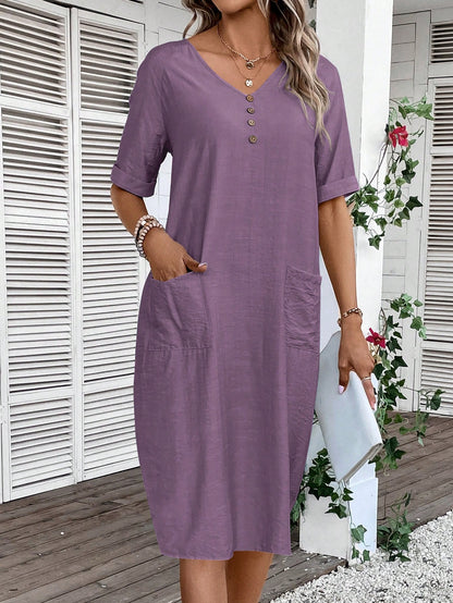 EMERY ROSE Women's V-Neck Button Decoration Pocket Front Dress,Lavender Dress
