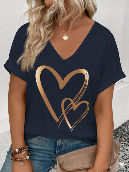 EMERY ROSE Women V-Neck, Flared Sleeve Ombre Heart Print Pattern Casual T-Shirt, Versatile For Spring/Summer
