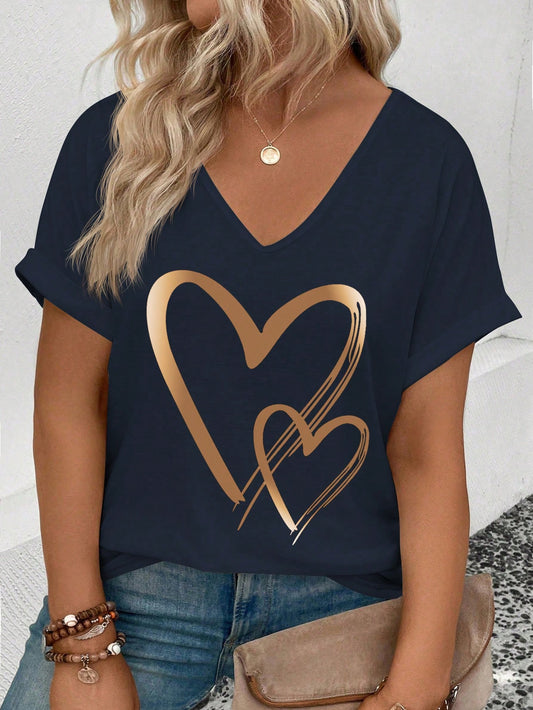 EMERY ROSE Women V-Neck, Flared Sleeve Ombre Heart Print Pattern Casual T-Shirt, Versatile For Spring/Summer