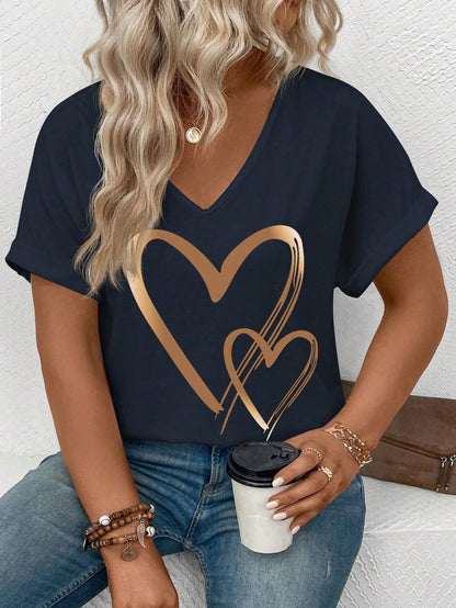 EMERY ROSE Women V-Neck, Flared Sleeve Ombre Heart Print Pattern Casual T-Shirt, Versatile For Spring/Summer