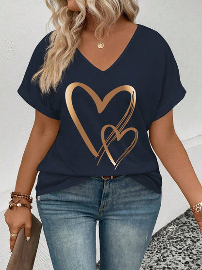 EMERY ROSE Women V-Neck, Flared Sleeve Ombre Heart Print Pattern Casual T-Shirt, Versatile For Spring/Summer