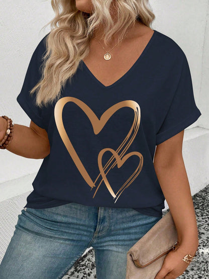 EMERY ROSE Women V-Neck, Flared Sleeve Ombre Heart Print Pattern Casual T-Shirt, Versatile For Spring/Summer