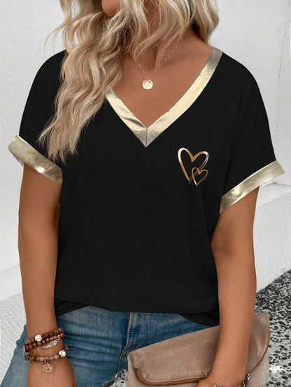 EMERY ROSE Women V-Neck, Flared Sleeve Ombre Heart Print Pattern Casual T-Shirt, Versatile For Spring/Summer