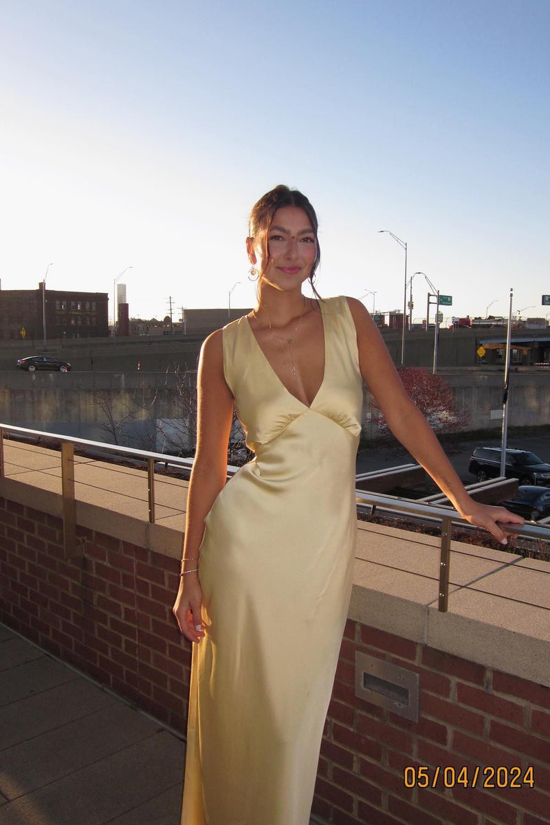 Empire V Neck Yellow Cowl Back Party Dress
