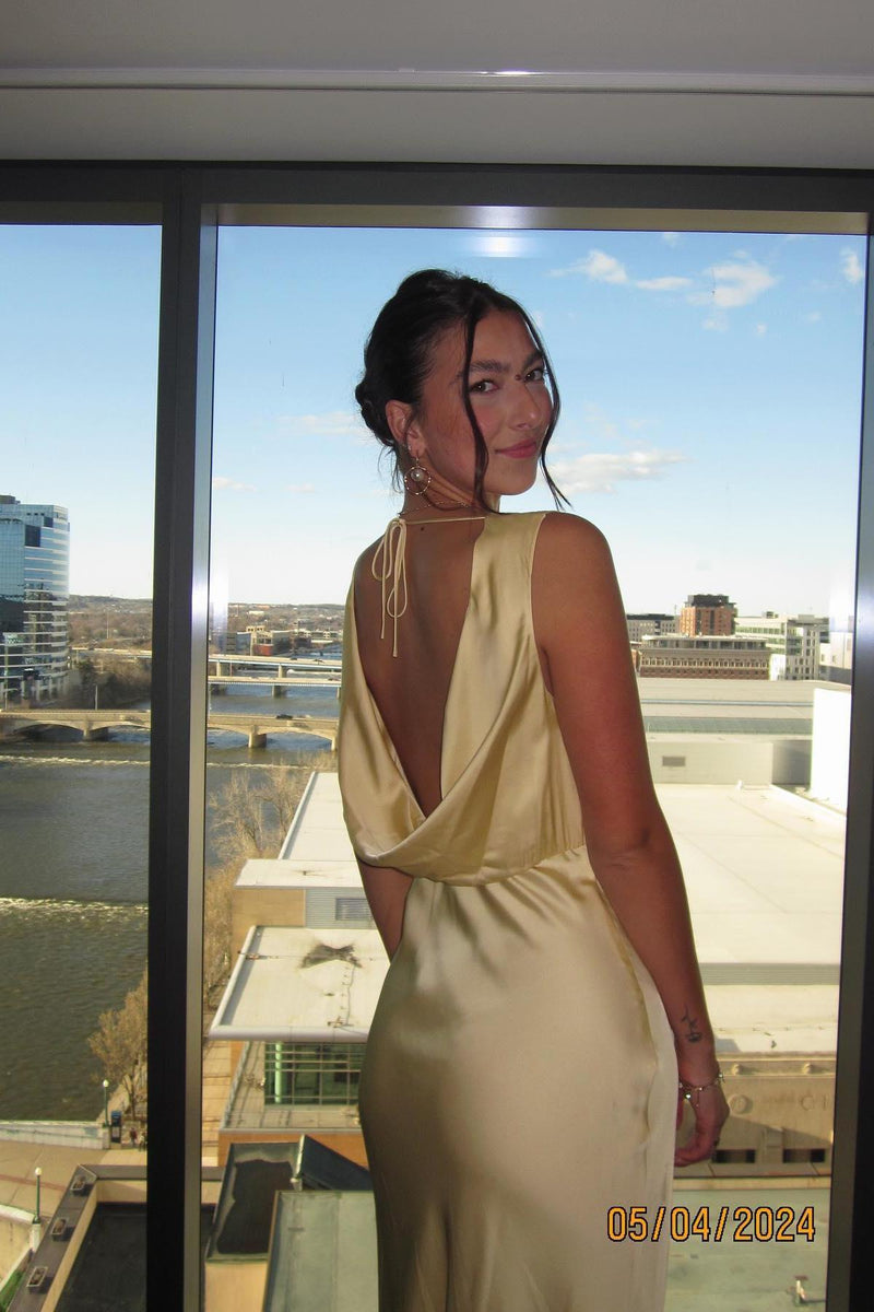Empire V Neck Yellow Cowl Back Party Dress