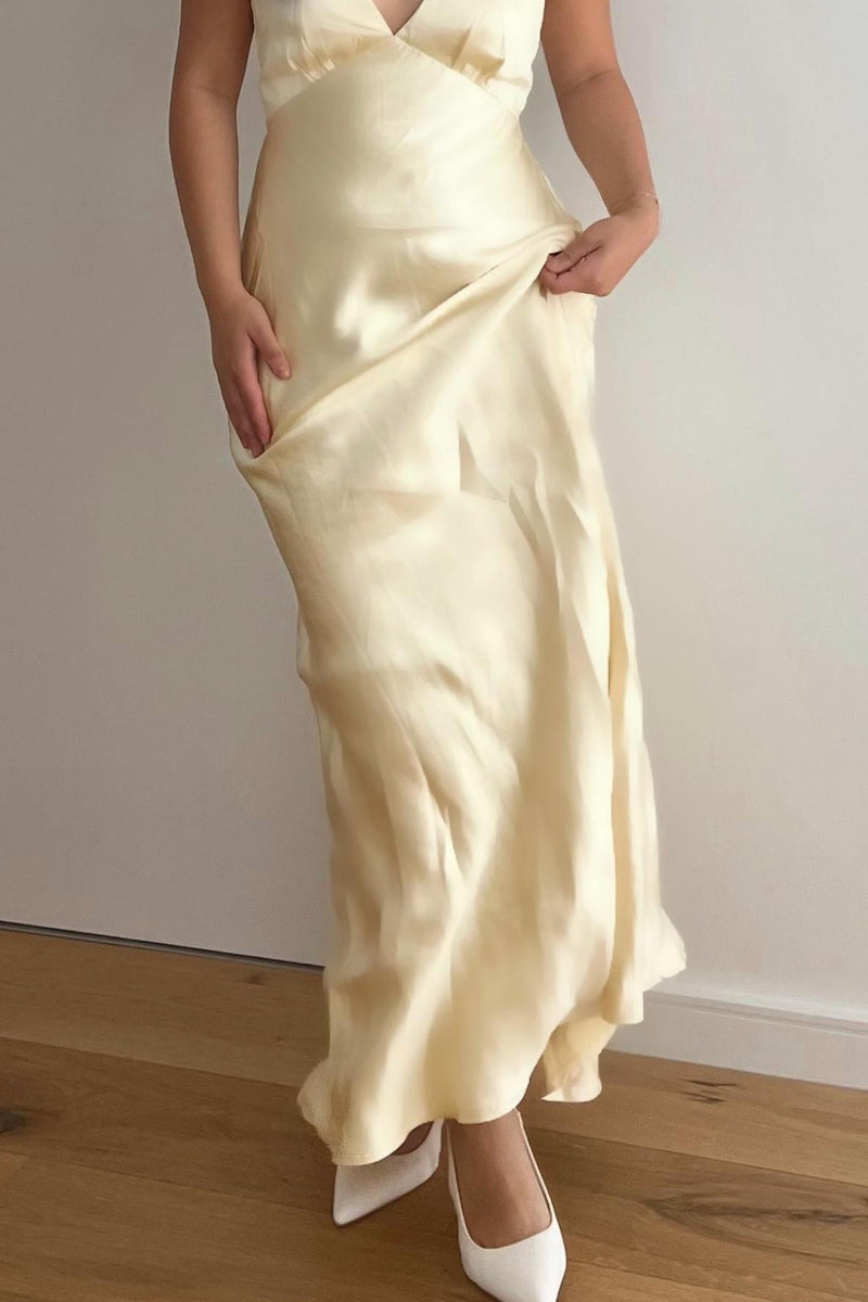 Empire V Neck Yellow Cowl Back Party Dress