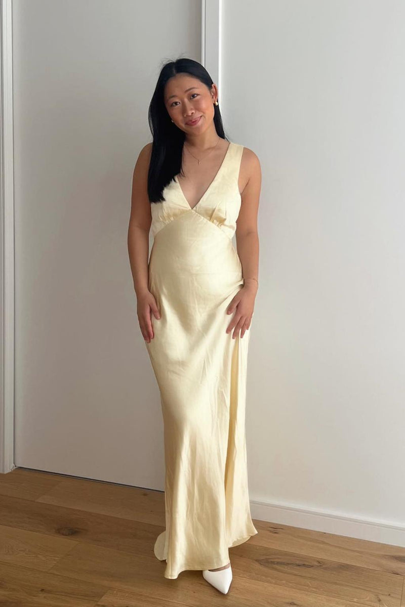 Empire V Neck Yellow Cowl Back Party Dress