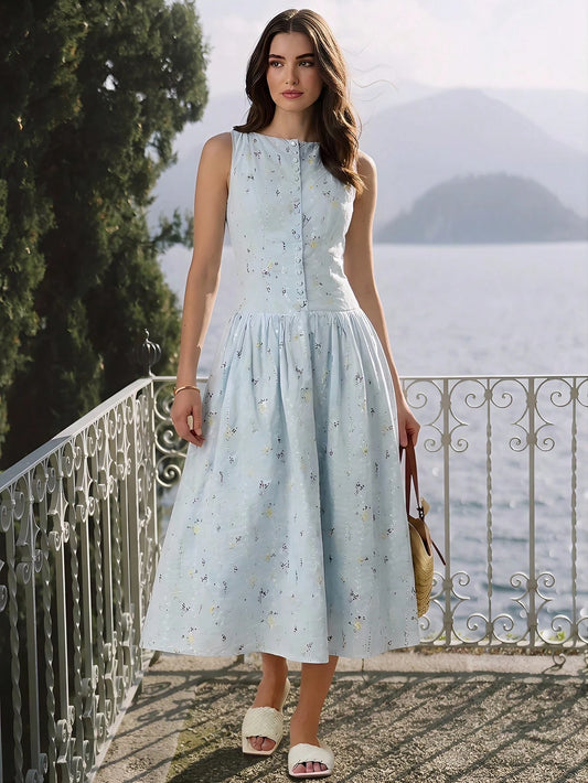 Enchnt Women's Ditsy Floral Button Front Casual Sleeveless Dress,Summer Dresses For Women
